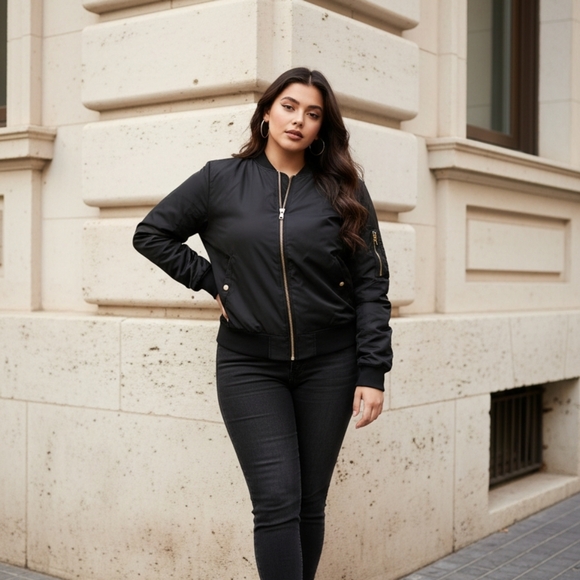 Women's Black Bomber Jacket with Orange Lining - Picture 12 of 14